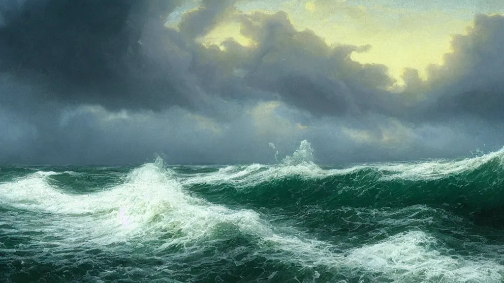 Image similar to first person view of breaking waves on the shore, summer, during a thunderstorm, raining, heavy rain, 🌧️, ⛈️,⚡, sea breeze rises in the air, by andreas rocha and john howe, and Martin Johnson Heade, featured on artstation, featured on behance, golden ratio, ultrawide angle, f32, well composed