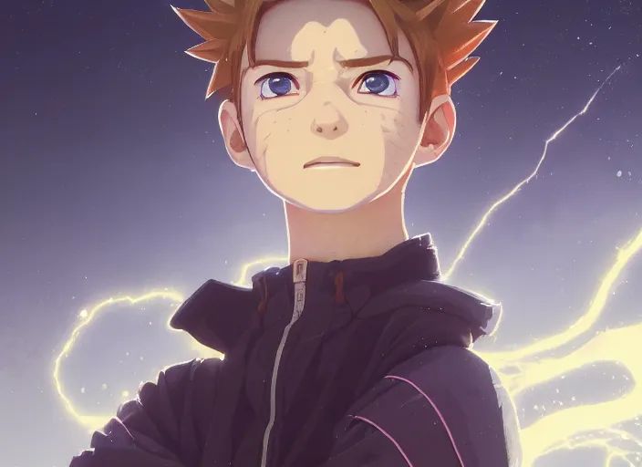 Image similar to highly detailed portrait of a boy with thunder powers, in naruto, stephen bliss, 8 k, unreal engine, fantasy art by greg rutkowski, loish, rhads, ferdinand knab, makoto shinkai and lois van baarle, ilya kuvshinov, rossdraws, tom bagshaw, global illumination, radiant light, detailed and intricate environment