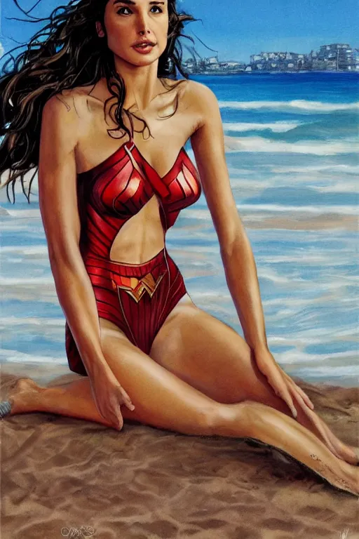 Image similar to full body illustration of gal gadot on the beach in the style of steve hanks, 4 k, detailed, 1 / 3 headroom, rule of thirds