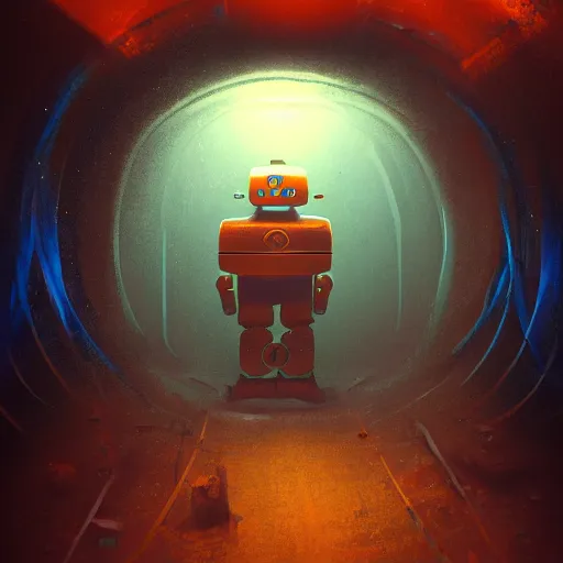 Prompt: cool illustration of a robot in a dark underwater tunnel, orange and blue lighting, high detail, rust, in the style of Sergeant and Bouguereau, tragic, red trees, trending on artstation, masterpiece