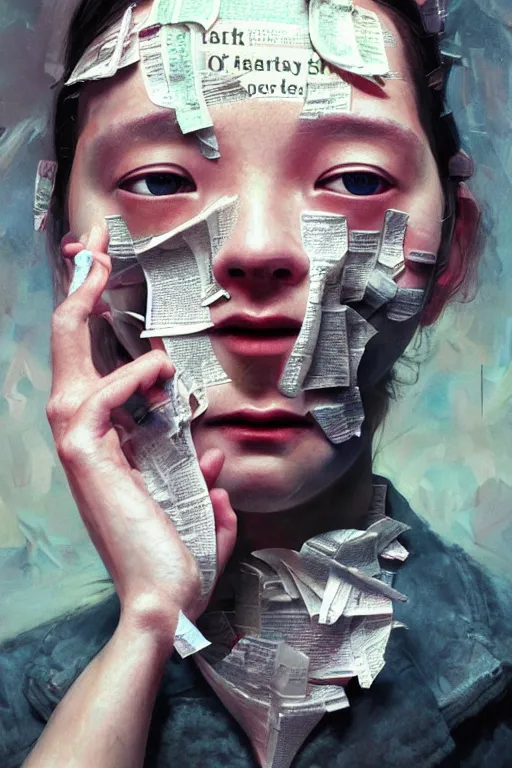 Prompt: 3 d, close - up, fashion model, newspaper, tears, poster art, intricate oil painting, high detail, figurative art, multiple exposure, poster art, 3 d, by stanley kubrick and tooth wu and wlop and beeple