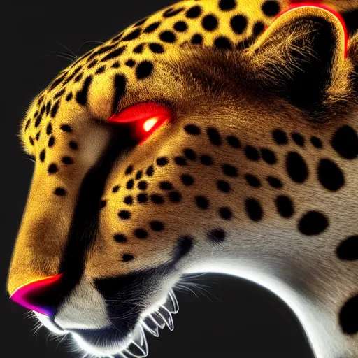 Image similar to closeup profile shot of a neon cheetah, city lights, strong bokeh, dramatic, cinematic, high contrast, octane render, cgsociety, artstation, 4k