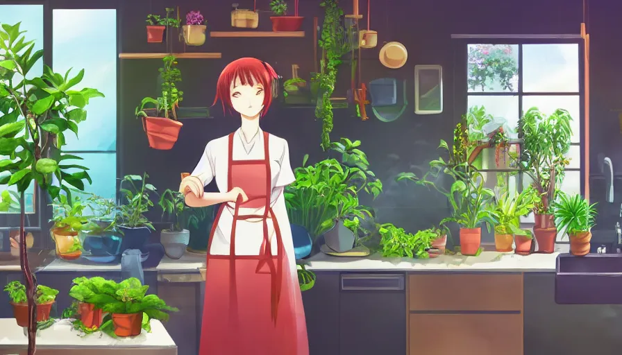 Image similar to a woman standing in a kitchen next to a plant that contains a small and thriving city, a storybook illustration by senbon umishima, pixiv contest winner, magic realism, pixiv, official art, anime aesthetic