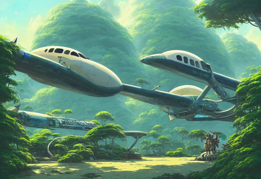 Image similar to chubby futuristic abandonned airplane in an alien jungle, intricate oil painting, high detail illustration, sharp high detail, manga and anime 1 9 9 9, official fanart behance hd artstation by jesper ejsing and makoto shinkai, 4 k,