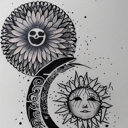 Prompt: tattoo design of the sun kissing the moon