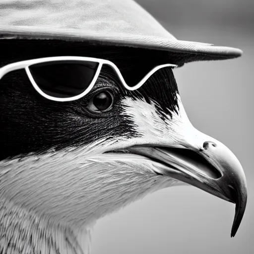 Prompt: close up shot of a suspicious goose wearing shades. 8 k photography, depth of field, canon dslr