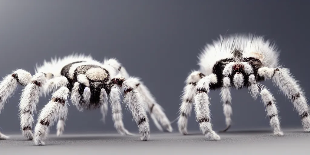 Prompt: white tarantula spider with red eyes, white background, fur, very realistic, highly detailed, hyperrealism, photo, by greg rutkowski, cinematic, dynamic lighting, octane render