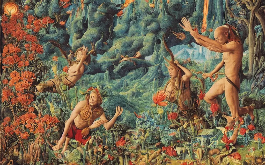 Image similar to a portrait photograph of a meditating elf and a centaur monk riding a rocket machine and hunting at a river delta. surrounded by bulbous flowers and trees. mountain range under a blue sky of fiery stars. by jan van eyck, max ernst, ernst haeckel, ernst fuchs and artgerm, cgsociety, fashion editorial, 8 k