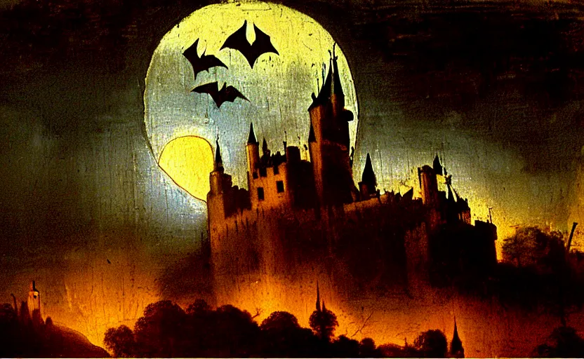 Prompt: oil painting by leonardo da vinci, full moon, french gothic burning!!! castle, fog! clouds, bats flying away from castle, blur, bokeh,