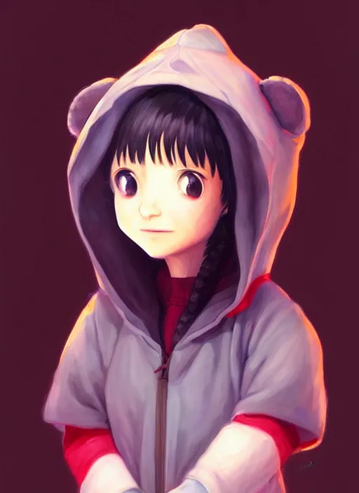 Image similar to a beautiful portrait painting of lain from serial experiments : lain wearing a bear onesie. character design by shinji aramaki, charlie bowater, ross tran, artgerm, and makoto shinkai