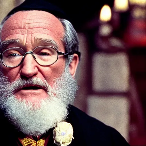 Image similar to Robin Williams playing Dumbledore in Harry Potter, screenshot