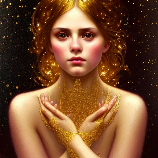 Image similar to portrait of a girl surrounded by shimmering reflective gold flakes, face, fantasy, intricate, elegant, dramatic lighting, highly detailed, lifelike, photorealistic, digital painting, artstation, concept art, smooth, sharp focus, illustration, art by John Collier and Krenz Cushart and Artem Demura and Alphonse Mucha and and Albert Aublet