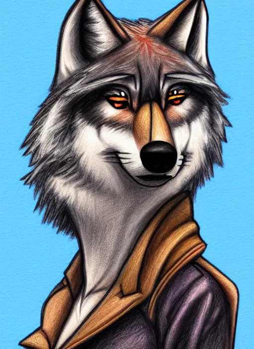 Image similar to expressive stylized master furry artist digital colored pencil painting full body portrait character study of the wolf small head fursona animal person wearing clothes jacket and jeans by master furry artist blotch