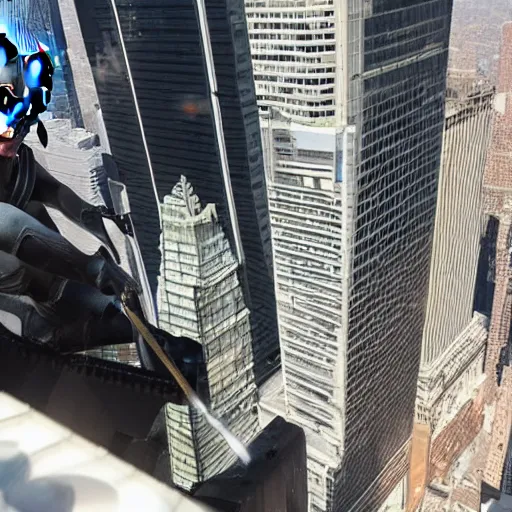 Prompt: Batman welding on top of a skyscraper in New York