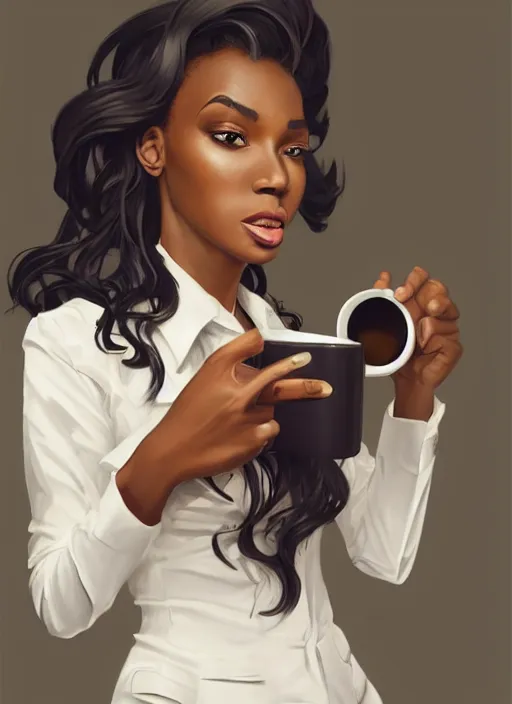 Prompt: detailed digital painting of beautiful black woman in corporate attire holding a cell phone and steaming coffee mug, fanart behance trending on artstation, concept art, matte, sharp focus, illustration, corner office background, art by artgerm and greg rutkowski and alphonse mucha