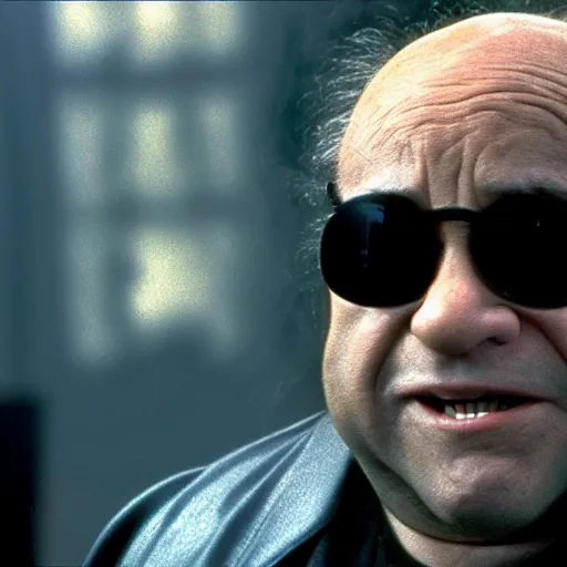 Prompt: film still of Danny Devito as Morpheus in The Matrix, full-shot, 4k