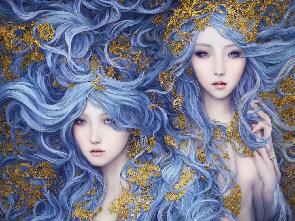 Prompt: breathtaking detailed painting of a full shot knight queen with long flowing bright blue hair, pastel flowers petals and golden tumultuous clouds, art by pilyeon and yuumei art, symmetrical facial features, at dawn in front of a pristine golden art nouveau cathedral, elegant, volumetric lighting, highly detailed, artstation, concept art, matte, sharp focus,