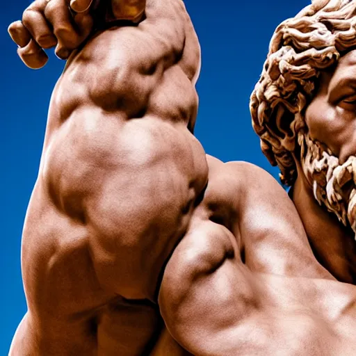 Image similar to an amazing close - up sculpture of hercules, a sculpture of hercules renaissance style by michelangelo and auguste rodin. volumetric lighting, ultra - hd, unreal engine 5, god - like