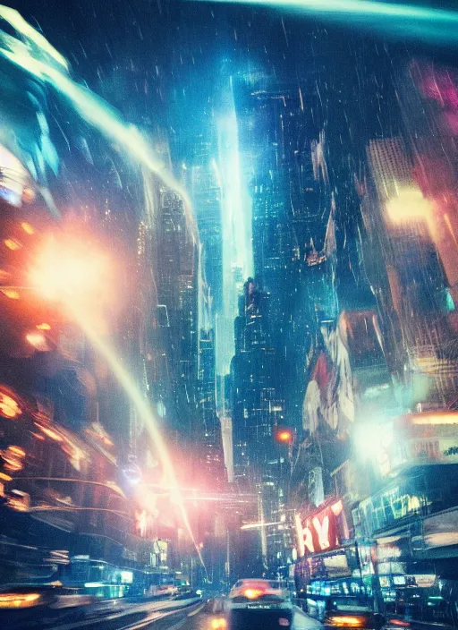 Image similar to a 3 5 mm photo of an alien spaceship destroying new york city, splash art, movie still, bokeh, canon 5 0 mm, cinematic lighting, dramatic, film, photography, golden hour, depth of field, award - winning, anamorphic lens flare, 8 k, hyper detailed, 3 5 mm film grain