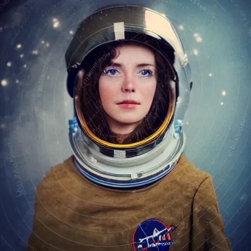 Prompt: portrait photography of a young woman astronaut with helmet. 1930's style. retro vintage. Rembrandt light. cinematic. depth of field. lens flare. moody. realistic blue eyes. muted colors