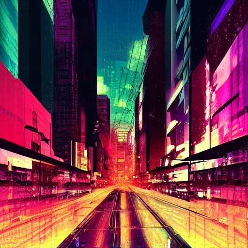 Image similar to a city street in the style of aertime, glitchart, glitch art, # glitchart, pixelsort, # pixelsort, synthwave, cyberpunk, vaporwave, deviantart