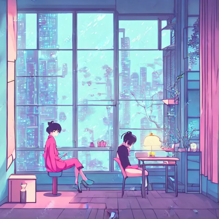 Prompt: beautiful illustration at night of a lonely female in her studio apartment sitting at her computer desk which is in front of a window which looks out to a futuristic city, japan, anime manga style, neon pastel, in the style of ghibli and hayao miyazaki and satoshi kon and shinichiro watanabe and makoto shinkai