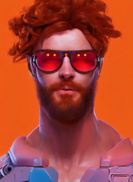 Image similar to synthwave portrait of curly orange hair man from overwatch, au naturel, hyper detailed, digital art, trending in artstation, cinematic lighting, studio quality, smooth render, unreal engine 5 rendered, octane rendered, art style by klimt and nixeu and ian sprigger and wlop and krenz cushart.