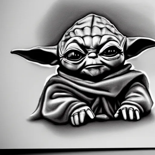 Image similar to Leonardo DaVinci grayscale pencil sketch of low polygon cute baby yoda