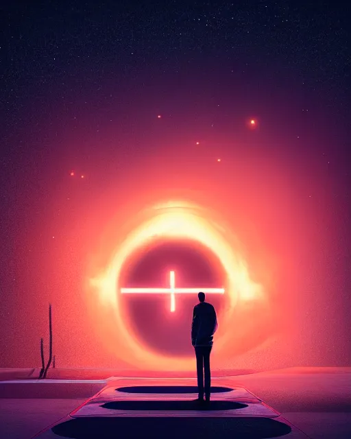 Image similar to a person standing in front of a glowy open door that's on a barren moon, poster art by mike winkelmann, trending on cg society, space art, sci - fi, ue 5, futuristic, volumetric lighting, light casting onto the ground, neat composition and camera angle