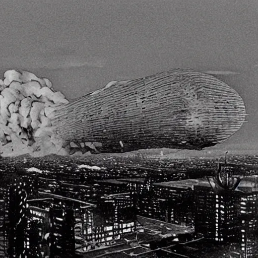 Image similar to a cyberpunk imagining of the hindenburg burning to the ground
