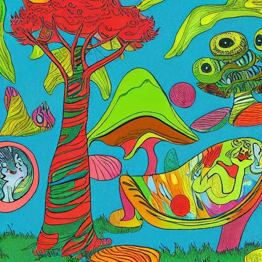 Image similar to psychedelic trippy couch pine forest with woodland critters planets milky way sofa cartoon by dr. seuss