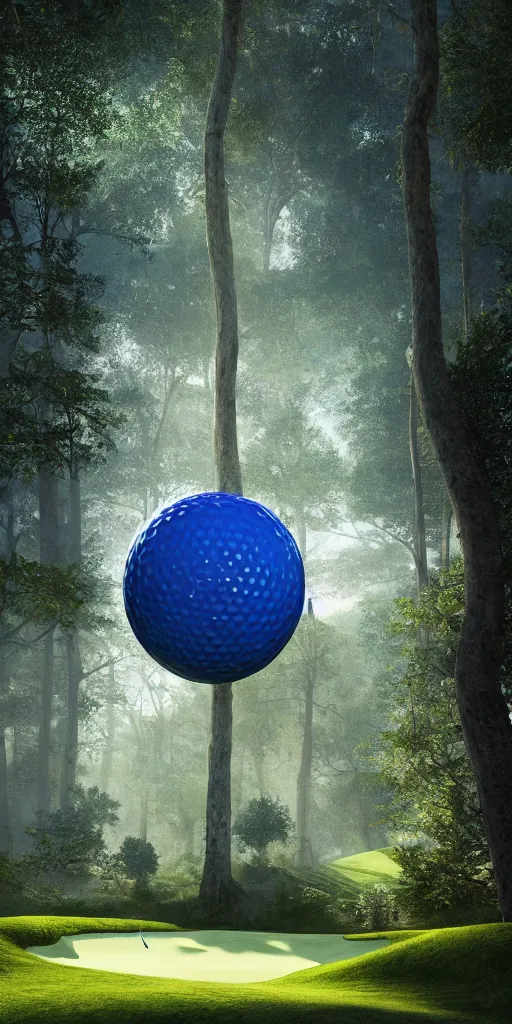 Prompt: a golf and blue spherical spaceship highly detailed with ethereal light in a forest , giant threes, photorealistic, octane render, 4k, shallow depth of field, concept art, artstation, highly detailed, art by canaletto and kim keever and pierre pellegrini