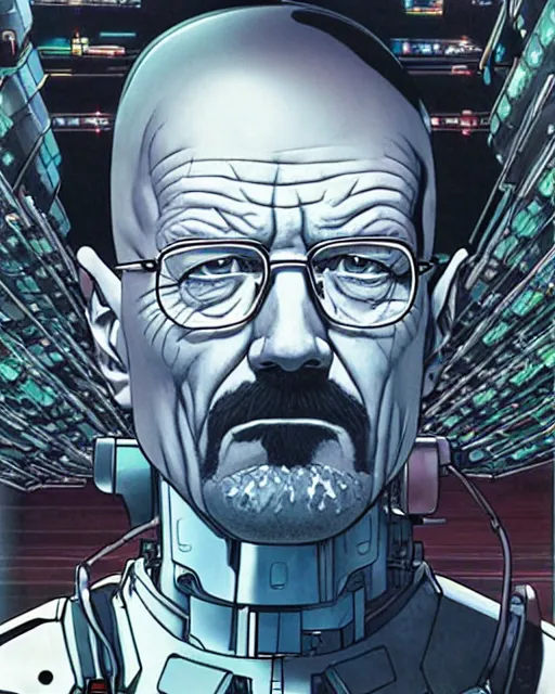 Image similar to portrait of walter white as a robot, cybernetic enhancements, art by makoto shinkai and alan bean, yukito kishiro