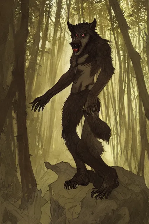 Image similar to fullbody portrait of a male werewolf, bared teeth, long claws, by greg rutkowski and alphonse mucha, gradient brown to silver, in front of a forest at night background, highly detailed portrait, digital painting, artstation, concept art, smooth, sharp focus illustration