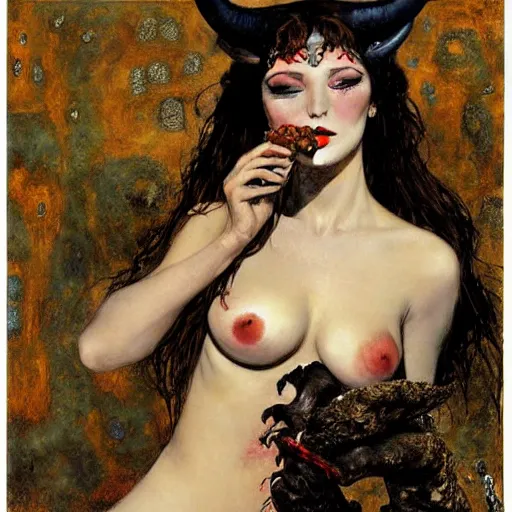 Image similar to succubus with horns smoking a cigar, klimt, royo, miro, frazetta, whealan,