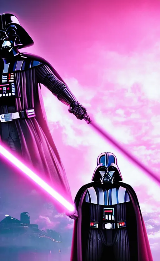 Prompt: darth vader synth wave retro wave vapor wave white and pink lighting and clothes and tech cyberpunk style ultra realistic high quality highly detailed 8 k