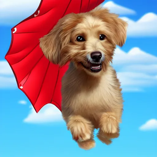 Prompt: photorealistic cute dog with a parachute on a sky background