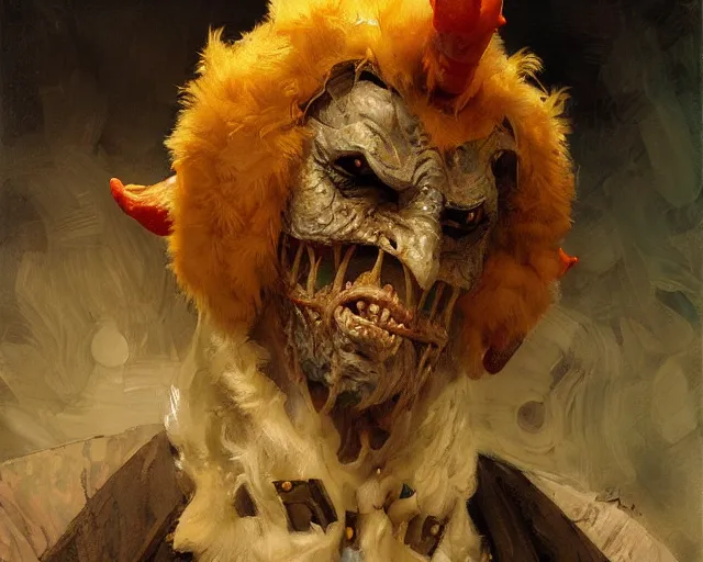 Image similar to a scary man dressed as a chicken, highly detailed painting by gaston bussiere, craig mullins, j. c. leyendecker 8 k