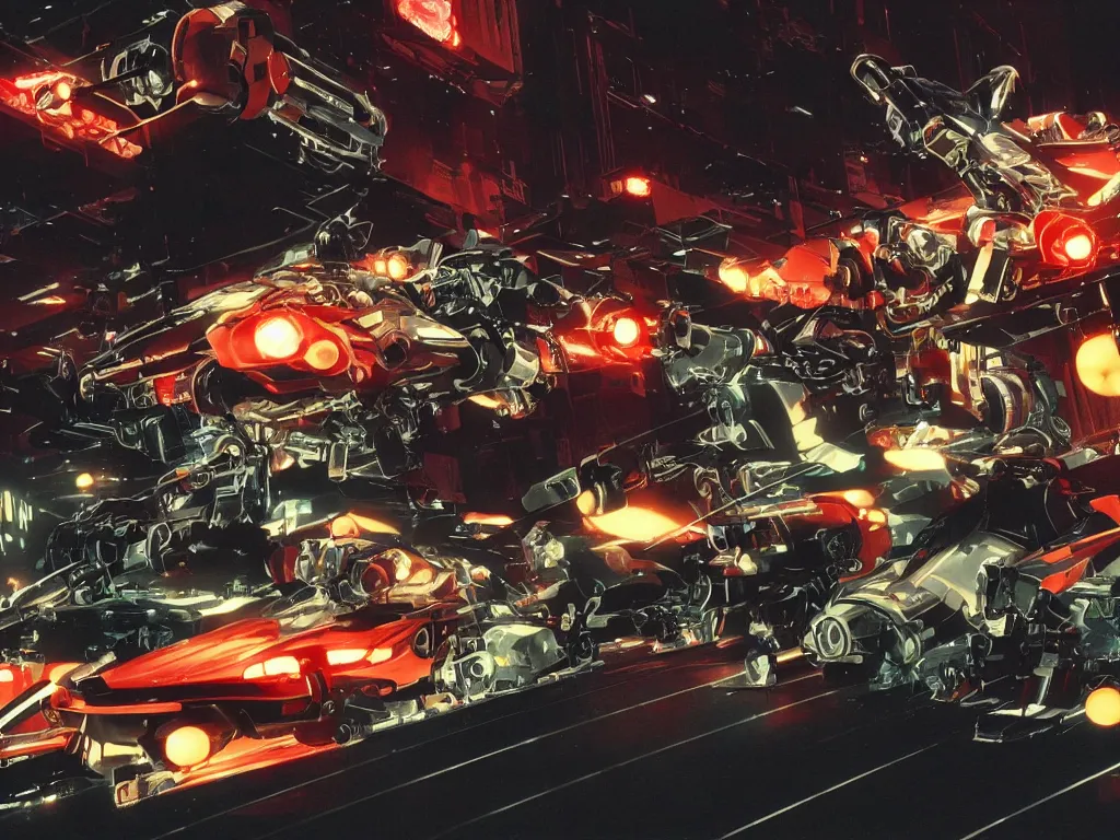 Image similar to Film still of Mechbots designed by Ferrari and Lamborghinis in battle in Tokyo at night by syd mead, Scott Robertson, james cameron, octane, 4k