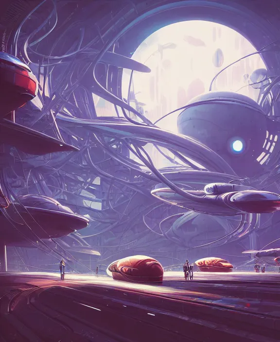 Image similar to simplicity, a roller coaster made out of simple weird organic creatures, in the style of a streamlined asymmetrical spaceship, bleak apocalyptic environment, by dan mumford, yusuke murata, makoto shinkai, ross tran, cinematic, unreal engine, cel shaded, featured on artstation, pixiv