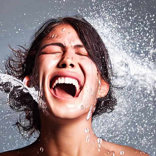 Prompt: happy excited model with an open mouth and closed eyes pouring water on her face