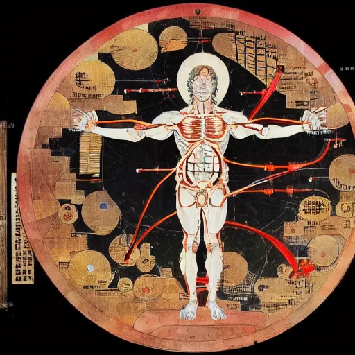 Image similar to a brilliantly colored scroll of an exploded diagram of a detailed engineering schematic of a cyborg samurai in the pose vitruvian man in the style of jean giraud