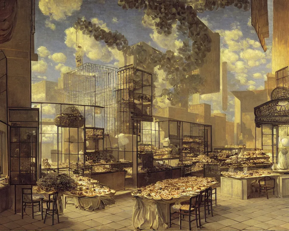 Prompt: achingly beautiful painting of a sophisticated, well - decorated bakery kitchen on a warm background by rene magritte, monet, and turner. giovanni battista piranesi.