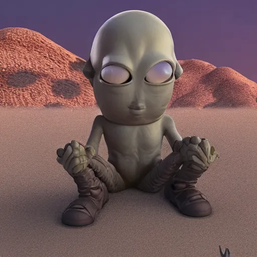 Prompt: a sad Roswell grey alien trying to repair his crashed burning spacecraft in the desert, cactus and rocks in the background, dusk, featured on zbrush central, hurufiyya, zbrush, polycount, airbrush art