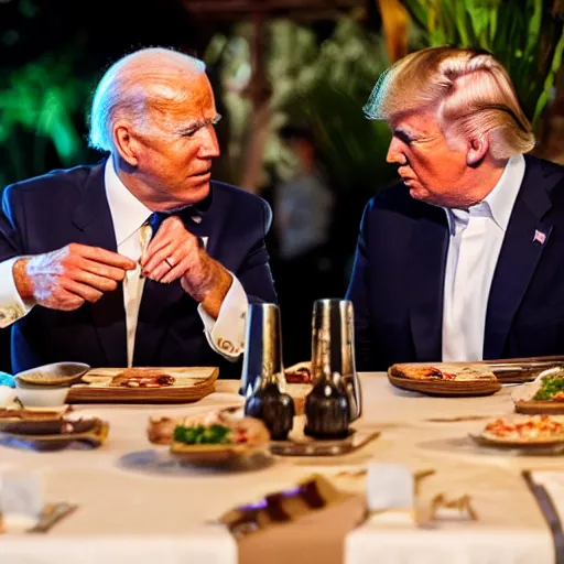 Image similar to Trump and Biden having dinner at a fancy Balinese restaurant, award winning photography, 85mm, perfect faces