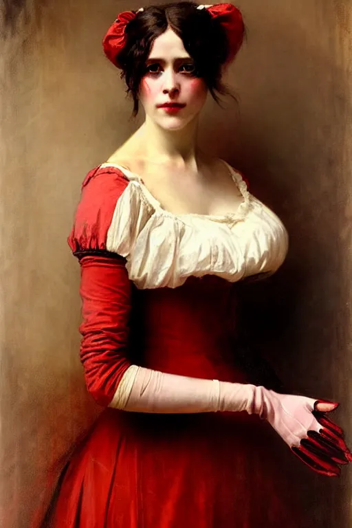 Prompt: solomon joseph solomon and richard schmid and jeremy lipking victorian genre painting full length portrait painting of a young beautiful woman wearing gloves traditional german french actress model pirate wench in fantasy costume, red background