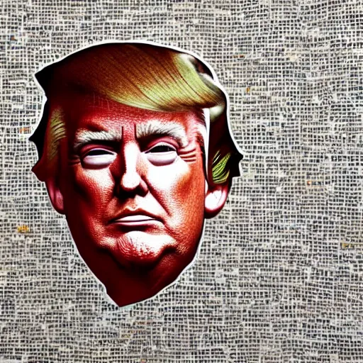 Prompt: a portrait of a donald trump constructed from mcdonalds packaging, collage, trash, layered composition, layers, texture, mcu,, highly textured, layered, sculpted, dynamic,