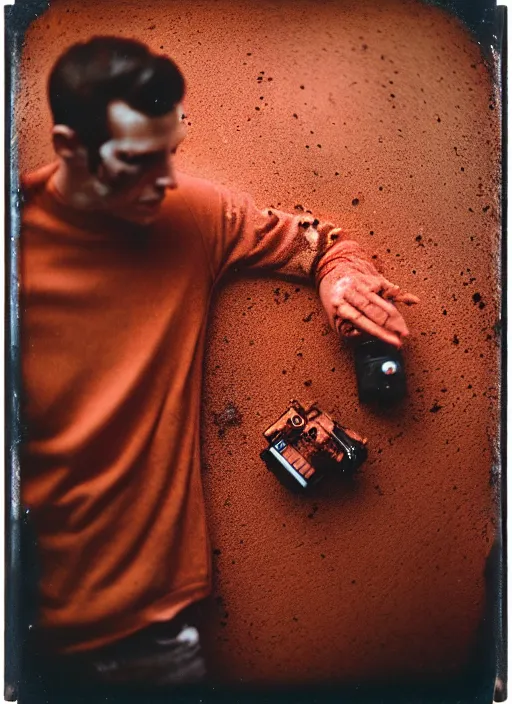 Image similar to kodak portra 4 0 0, wetplate, 8 k, shot of a highly detailed boyfriend explosion accident osmium copper rust flash spark