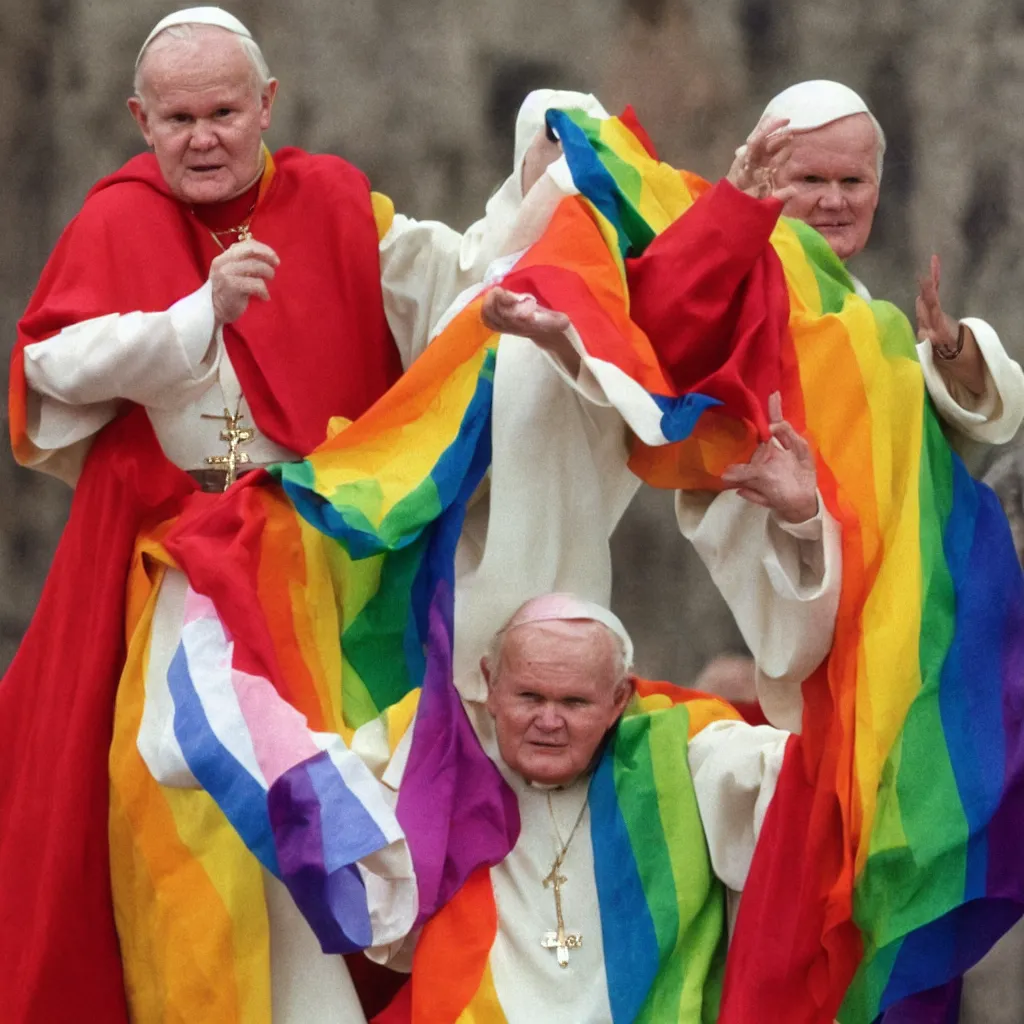 Image similar to John Paul II wearing a lgbt colored robe