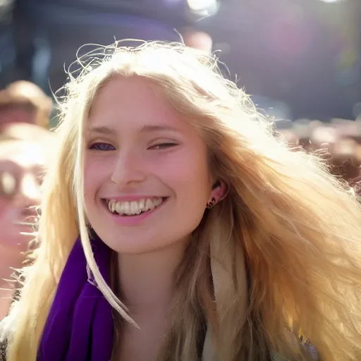 Image similar to ultra high resolution close - up of a very beautiful young woman with blond long hair, making up, standing in crowd of music festival, looking down at the camera. her face is partially obscured by a purple scarf, and she has a lovely smiling expression. the light is dim, and the colours are muted. kodak etkar 1 0 0.